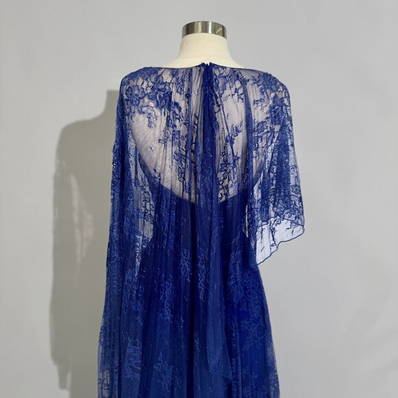 Brand New US 8 Gemy Maalouf Chantilly Lace Maxi Gown with Cape in Royal Blue - Picture 6 of 7